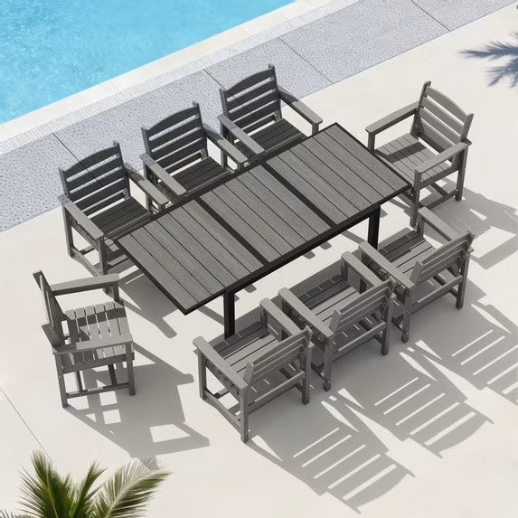9-Piece Outdoor Dining Set with Expandable Patio Dining Table & 8 HDPE Chairs