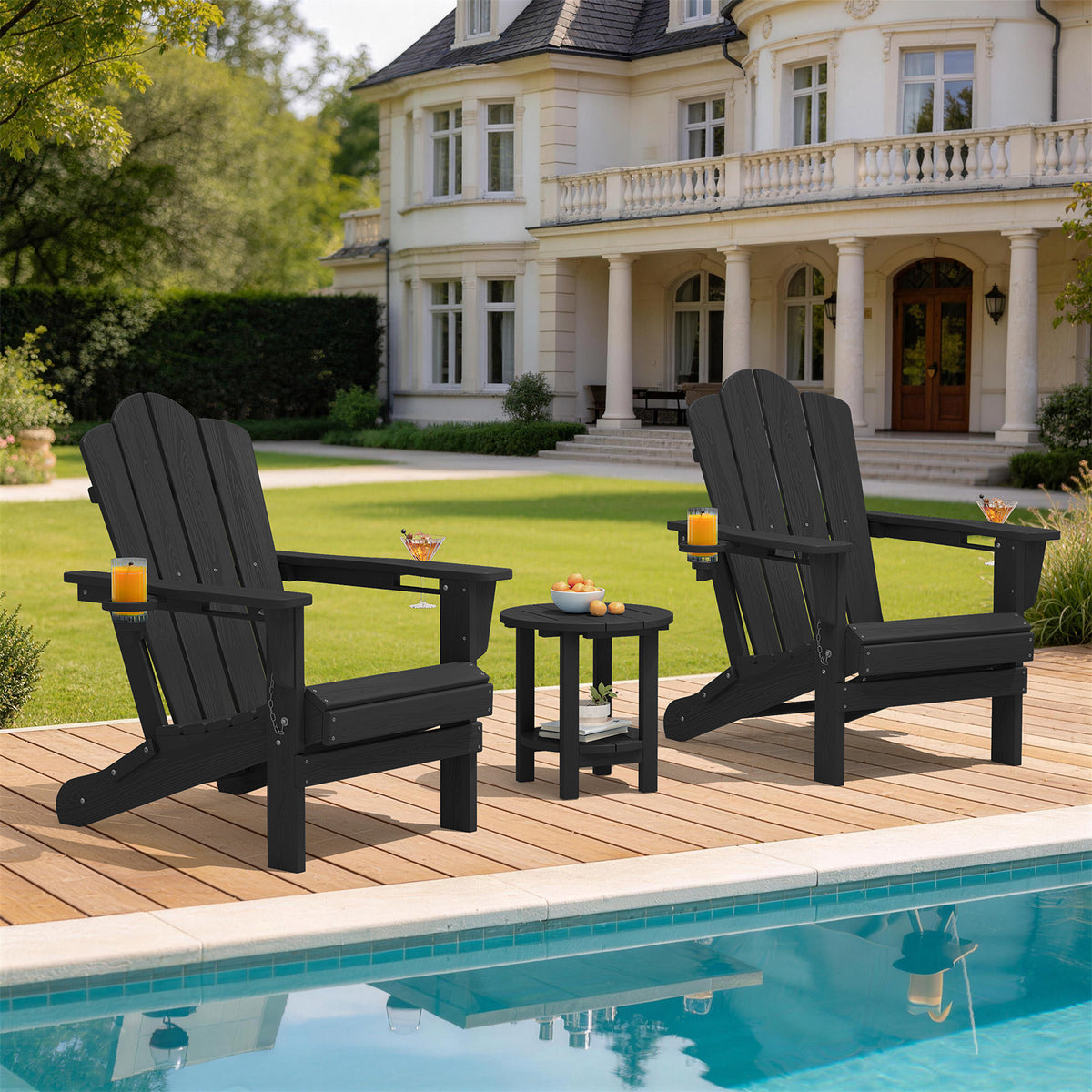 LOYALICE Folding Adirondack Chair Set of 2 with Dual Cup Holders, All-Weather HDPE Outdoor Patio Chair for Backyard, Poolside, Garden, Fire Pit
